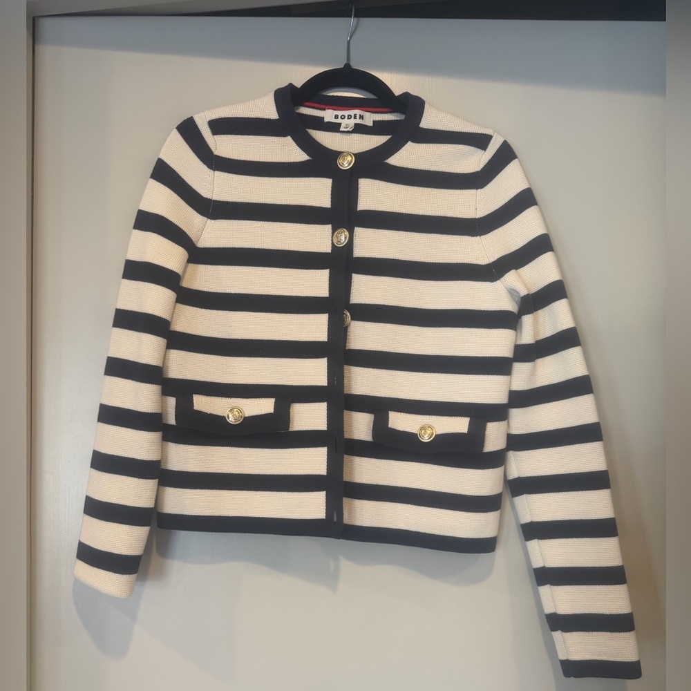 Boden Navy and Cream Striped Cardigan with Gold Button
